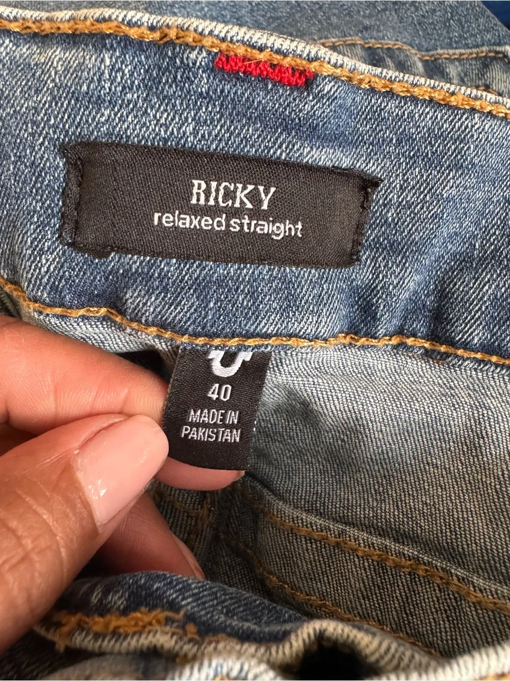 True Religion Denim Jeans in Medium Blue with Red Trim